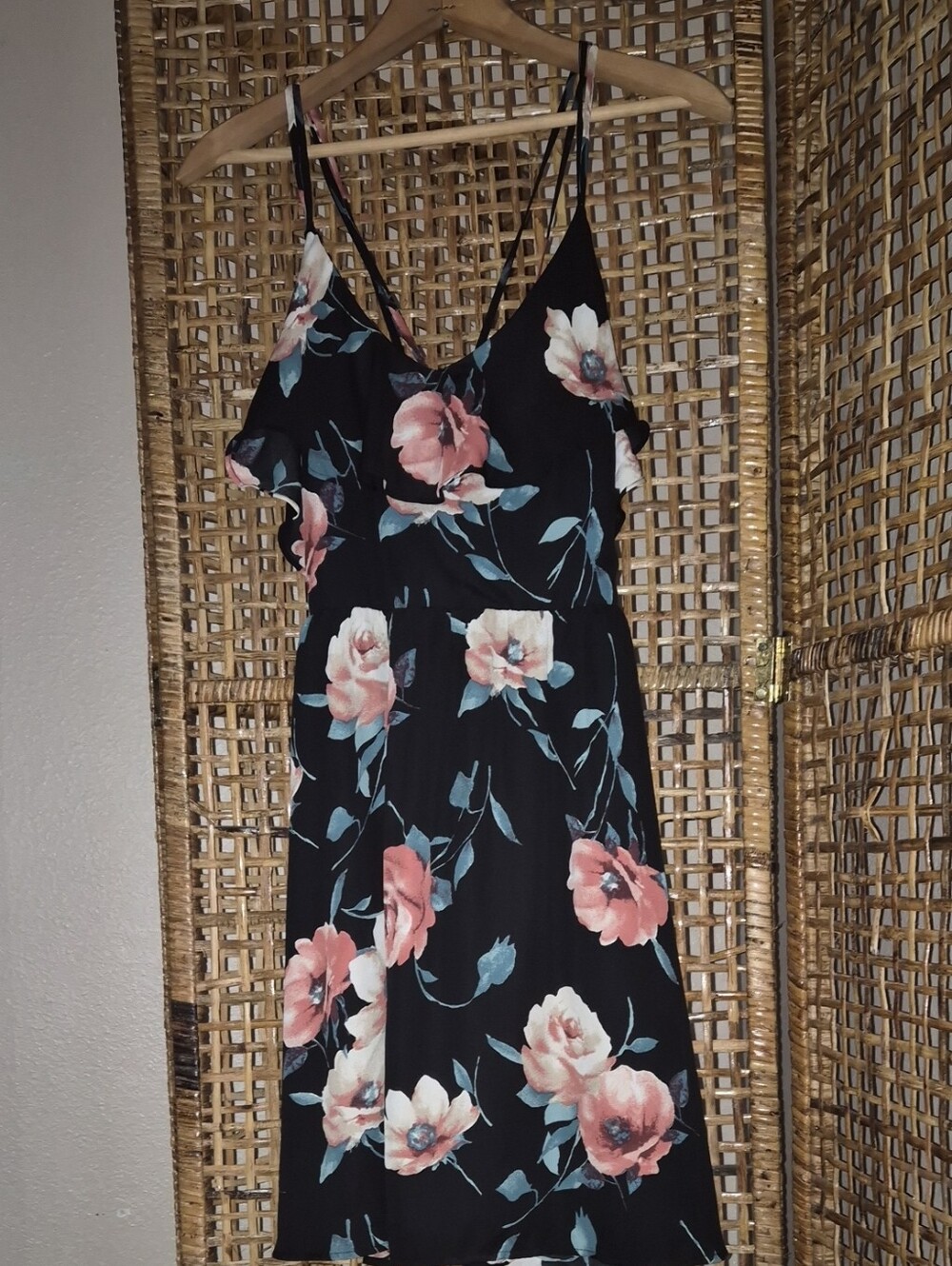 Black Floral V-Neck Mini Dress with Pink Blooms